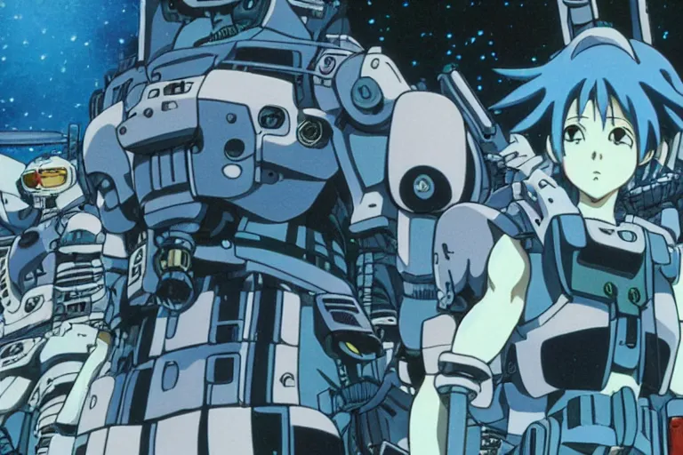 Image similar to still from anime sci-fi movie by Studio Ghibli, illustrated by Masamune Shirow