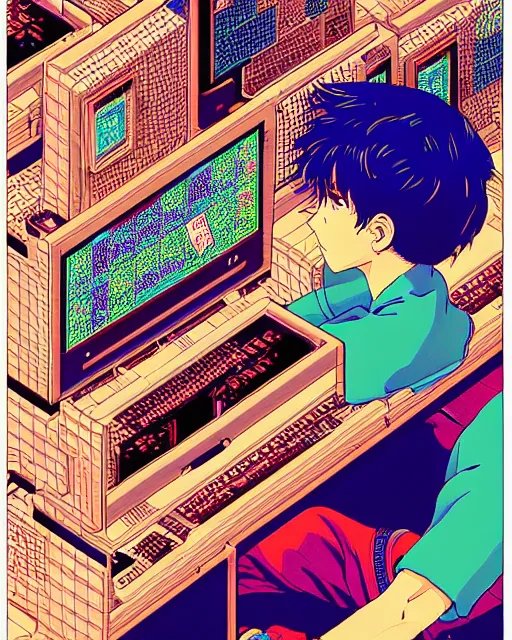 Image similar to hyper detailed illustration of a boy sitting in front of a computer and playing 3 d tetris, intricate linework, lighting poster by moebius, ayami kojima, 9 0's anime, retro fantasy