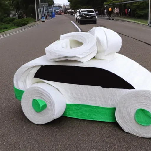 Prompt: car made of toilet paper is winning the race