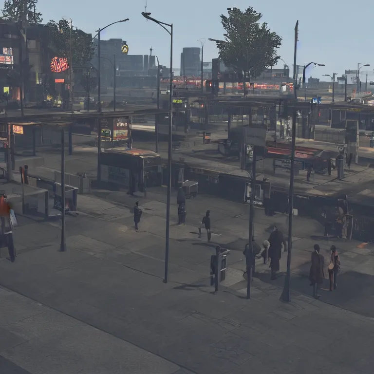 Image similar to some people waiting in a lone bus stop in qiet dark city, by GTA5 in game