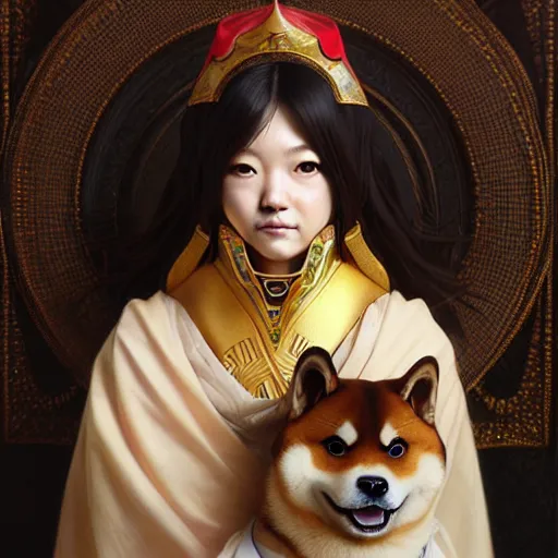 Image similar to portrait painting of a cute shiba inu bard with cape, ultra realistic, concept art, intricate details, eerie, highly detailed, photorealistic, octane render, 8 k, unreal engine. art by artgerm and greg rutkowski and charlie bowater and magali villeneuve and alphonse mucha