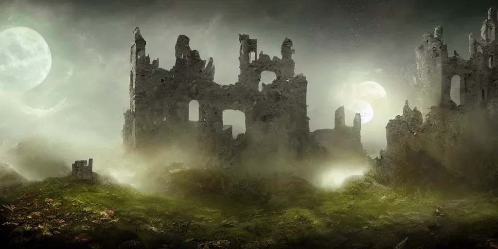 Prompt: beautiful matte painting castle ruins, fog, night, moonlight, fantasy, high detail