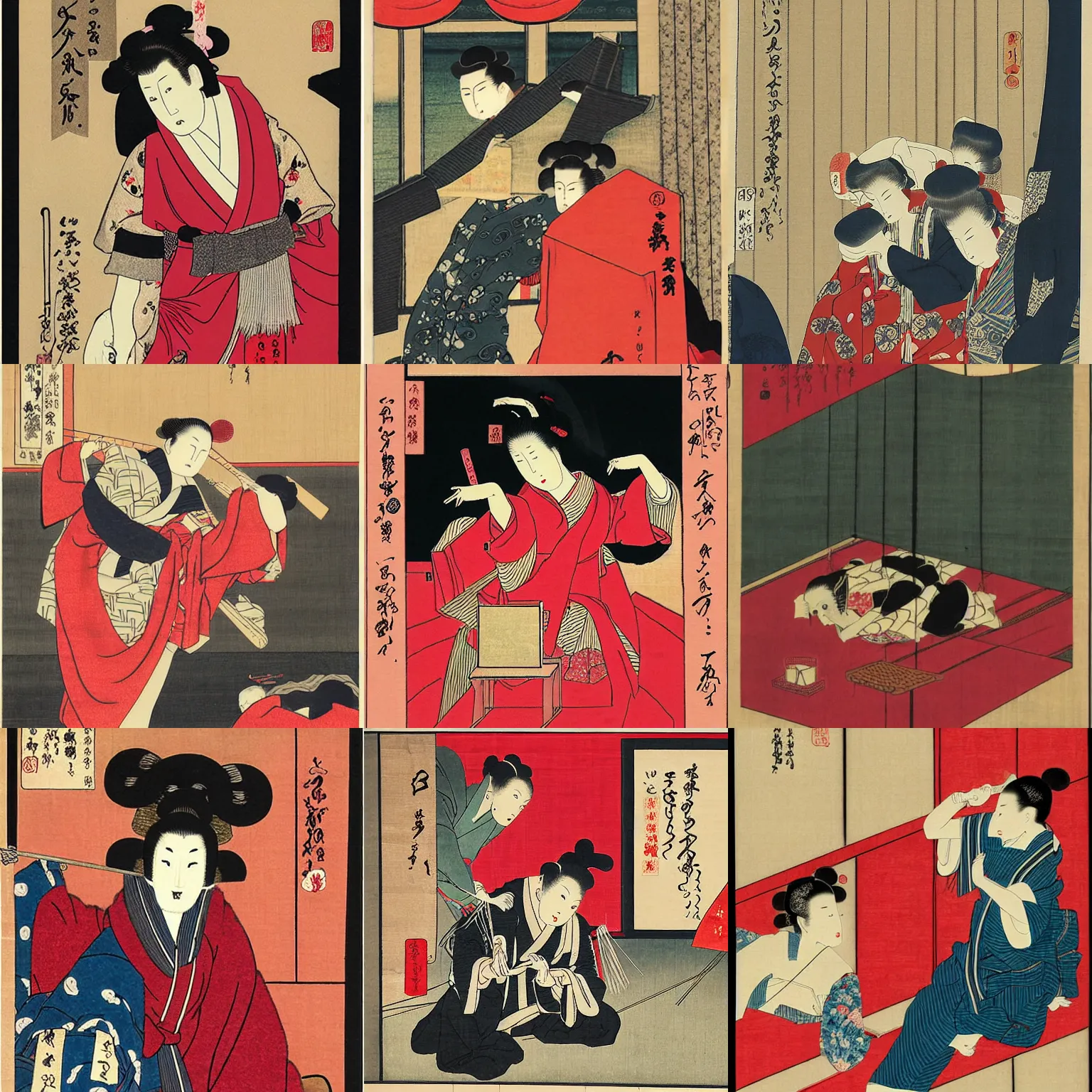 Prompt: marionette on strings behind red curtains. Ukiyo-e.