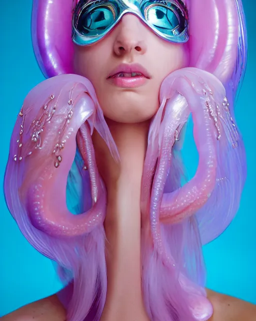 Image similar to natural light, soft focus portrait of a cyberpunk anthropomorphic jellyfish with soft synthetic pink skin, blue bioluminescent plastics, smooth shiny metal, elaborate ornate head piece, piercings, skin textures, by annie leibovitz, paul lehr