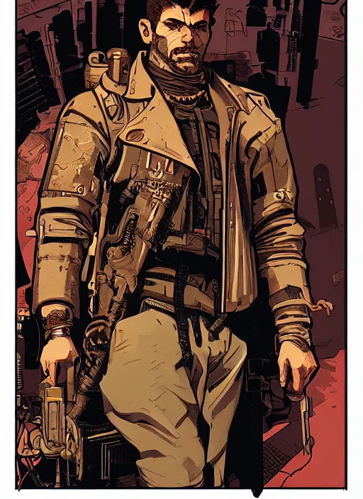 Image similar to hector. cyberpunk mercenary with scenic background. portrait illustration, pop art, art by ashley wood, alphonse mucha, laurie greasley and josan gonzales. cinematic. beautiful lighting.