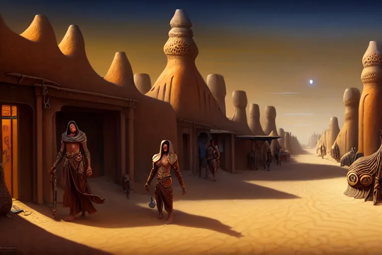 Image similar to a highly detailed bazaar street in the dune city of tyr from the land of athas, amazing dark sun digital painting, by gerald brom, brom digital art, intricate details, ultra realistic, beautiful art, volumetric lighting, warm colors advance cool colors recede, by brom, trending cgsociety, artstation, rim lighting, 8 k