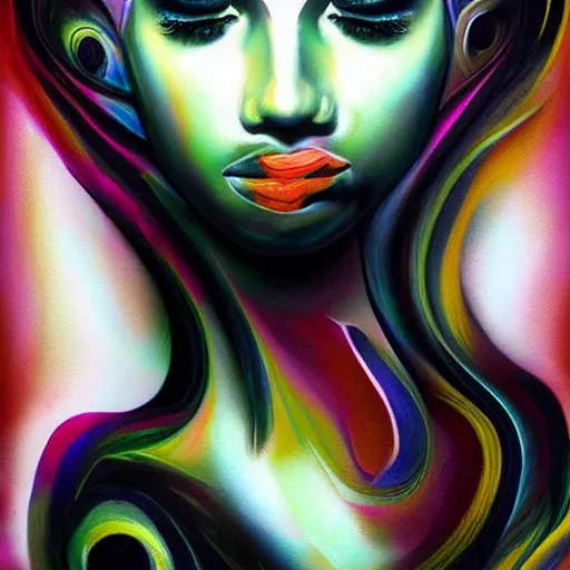 Image similar to abstract art with swirly black liquid acrylic paint and beautiful female face, beautiful color composition, warm colors, black details, sculpture, dark mood