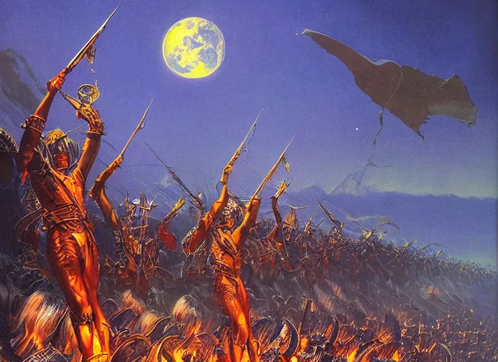 Prompt: beautiful as the moon, terrible as an army with banners. art by michael whalen and bruce pennington