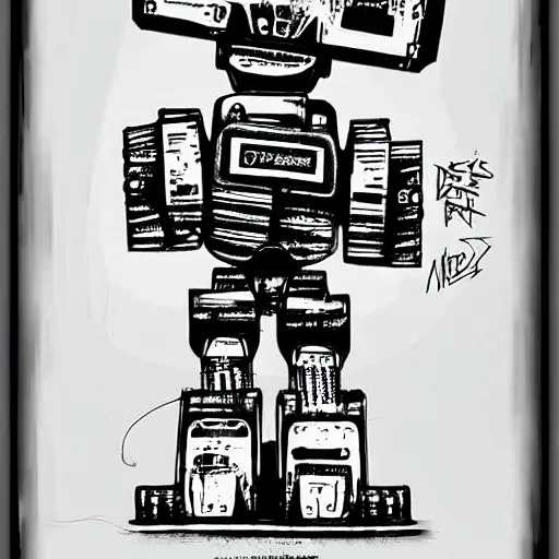 Prompt: chappie robot graffiti, black and white zef design graffiti on the wall, dark lighting, digital art