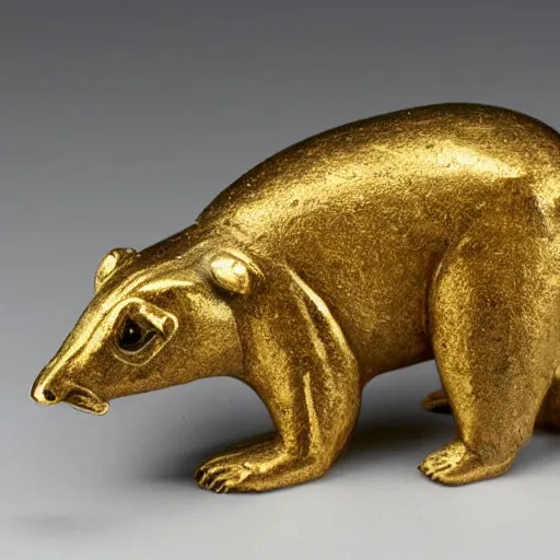 Prompt: a pre-columbian gold figurine of a badger