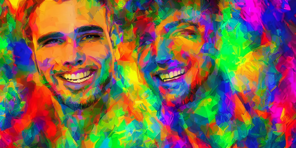 Image similar to most handsome beautiful young man smiling, digital art, colourful background, digital art, seductive.