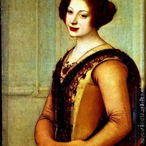 Prompt: portrait of a young woman with a happy face in the year 1550 by the Venetian artist Titian