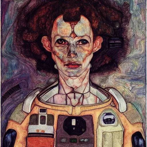 Prompt: a beautiful portrait of a space bounty hunter by Egon Schiele, trending on Artstation