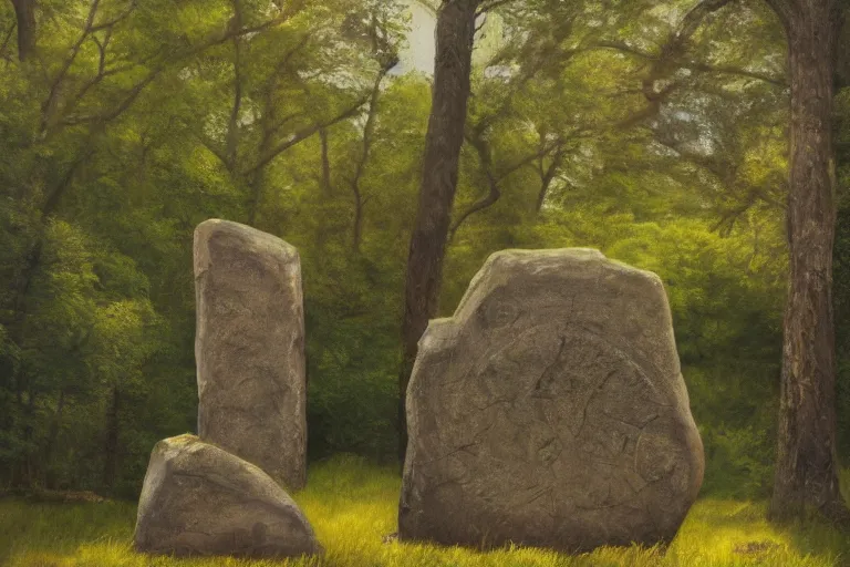 Image similar to runestone, megalithic, monument, nature, trees, focused, centered, very detailed, norse, histor, oil painting