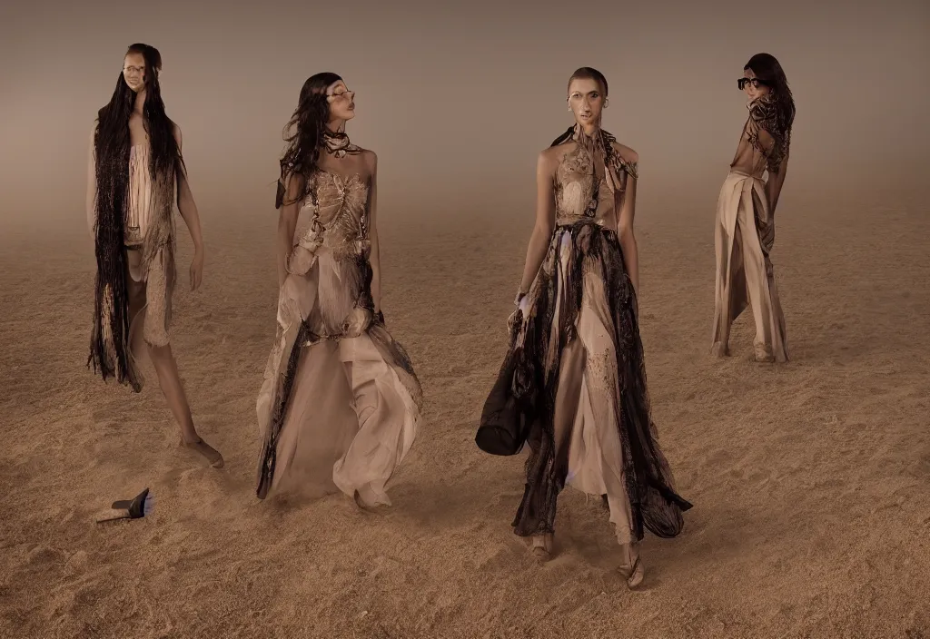 Prompt: fashion editorial in sand storm. wide angle shot. highly detailed.