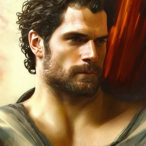 Image similar to Henry Cavill as a heavenly God, gorgeous, amazing, muscular, intricate, highly detailed, digital painting, artstation, concept art, sharp focus, illustration, art by greg rutkowski and alphonse mucha