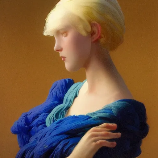 Image similar to a young woman's face, her hair is white and she wears a cobalt blue satin cloak, by ivan aivazovsky and syd mead and moebius and gaston bussiere and roger dean and pieter claesz and paul delaroche and alma tadema and aelbert cuyp and ilya repin, hyperrealistic, volumetric light, octane render