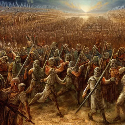 Image similar to the army of ancient Israel marching behind the ark of the covenant around the walls of ancient Jericho, Getting Attacked by a hoard of zombies, 8k high detail