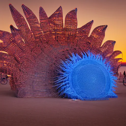 Image similar to highly detailed 3d render of burning man festival sculpture made of cornflowers by Beeple
