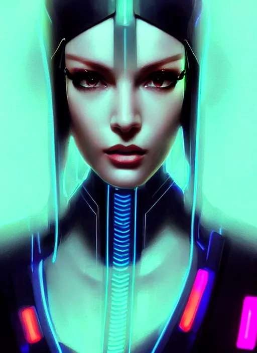 Image similar to portrait of female humanoid, intricate, retro 6 0 s cyberpunk high fashion, elegant, cyber neon lights, highly detailed, digital photography, trending in artstation, trending in pinterest, glamor pose, concept art, smooth, sharp focus, art by artgerm and greg rutkowski