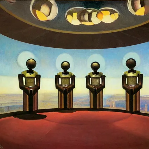 Image similar to three brutalist robotic seers watchers oracles soothsayers inside a dome, pj crook, grant wood, edward hopper, syd mead, oil on canvas