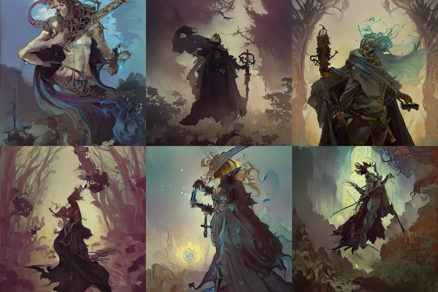 Prompt: a beautiful painting of an adventurer with a black cloak and a large sword on his back surrounded by graves, Peter Mohrbacher, Alphonse Mucha, Brian Froud, Yoshitaka Amano, Kim Keever, Victo Ngai, James Jean