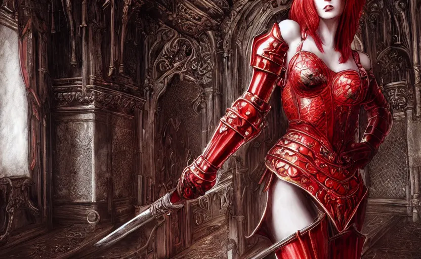 Image similar to redhead queen knight in red armor, inside grand hall in castle with rococo aesthetic, exposed beating heart in chest, crown, face with scars, dark souls 3, intimidating, ominous, evil, high fantasy, intricate detail, digital painting, artstation, concept art, smooth, sharp focus, illustration, art by yoshitaka amano and monia merlo and giger and wlop