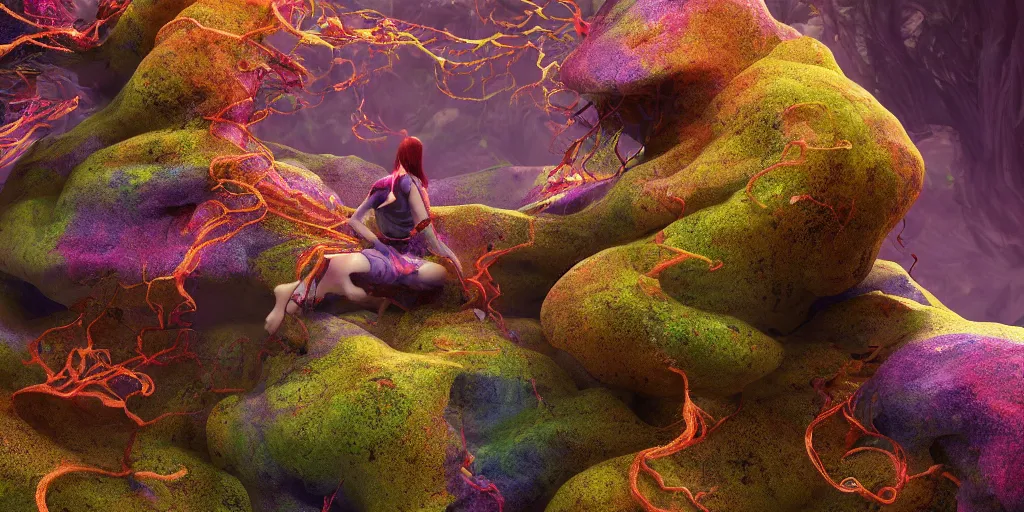 Image similar to Photorealistic levitating person made from colorful fungus tendrils. a gentle rising mist, an epic rocky landscape. occult photorealism, UHD, amazing depth, glowing, golden ratio, 3D octane cycle unreal engine 5, volumetric lighting, cinematic lighting, cgstation artstation concept art