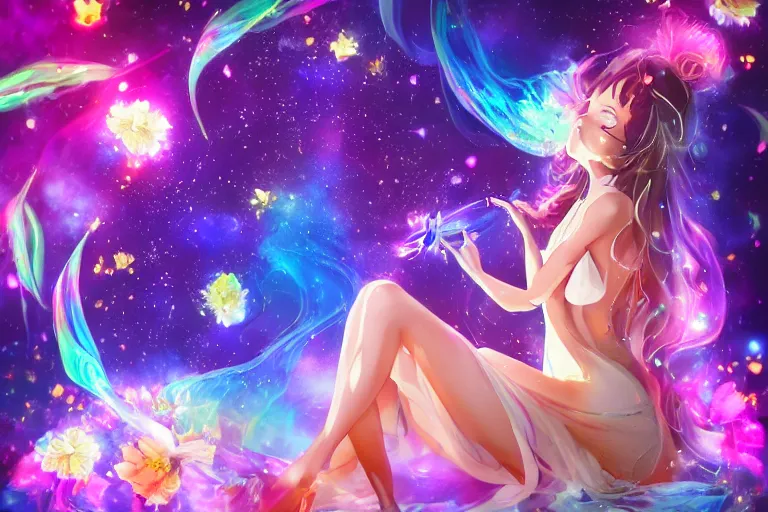 Prompt: psychedelic, full body, whimsical, anime, 4k, beautiful lusty woman blowing smoke, with professional makeup, long trippy hair, a crystal and flower dress, sitting in a reflective pool, surrounded by gems, underneath the stars, rainbow fireflies, trending on patreon, deviantart, twitter, artstation, volumetric lighting, heavy contrast, art style of Ross Tran and Miho Hirano and Ilya Kuvshinov