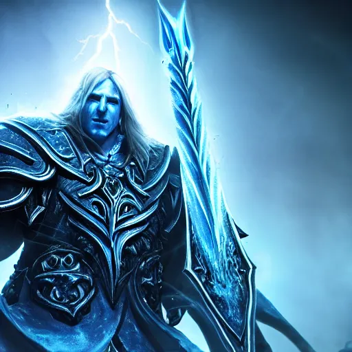 Image similar to arthas menethil as the lich king from world of warcraft, cinematic lightning, medium shot, mid-shot, highly detailed, trending on Artstation, Unreal Engine 4k, cinematic wallpaper