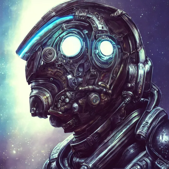 Image similar to portrait art of 8k ultra realistic retro futuristic space marine helmet, lens flare, atmosphere, glow, detailed,intricate,blade runner, cybernetic, full of colour, cinematic lighting, trending on artstation, 4k, hyperrealistic, focused, extreme details,unreal engine 5, cinematic, masterpiece, art by ayami kojima, giger