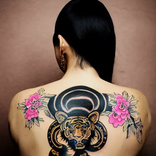 Image similar to photography of the back of a woman with a black detailed irezumi tatto representing a gold tiger with pink flowers on her entire back, mid-shot, editorial photography