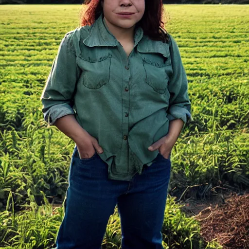 Image similar to portrait, a hardworking halfling female farmer, ragged clothes, standing in a field