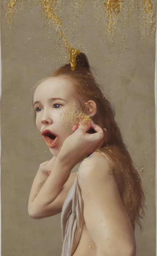 Image similar to portrait of a girl, in a silk robe, honey dripping down her top to bottom, flowers erupting out of her mouth, hyperrealistic