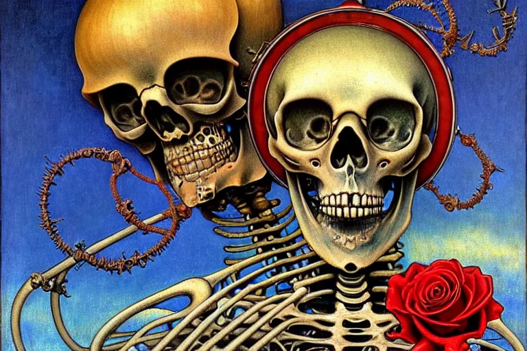 Image similar to realistic detailed portrait painting of a skeleton with a single rose wearing sci-fi helmet in a dystopian landscape by Jean Delville, Amano, Yves Tanguy, Alphonse Mucha, Ernst Haeckel, Edward Robert Hughes, Roger Dean, rich moody colours, blue eyes