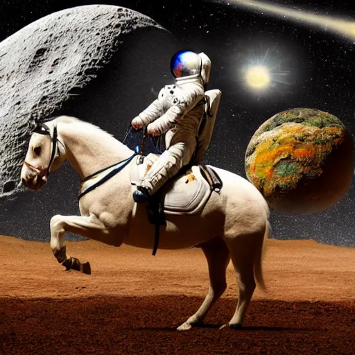 Prompt: photograph of an astronaut riding a horse on an asteroid, with a moon and a galaxy in the background