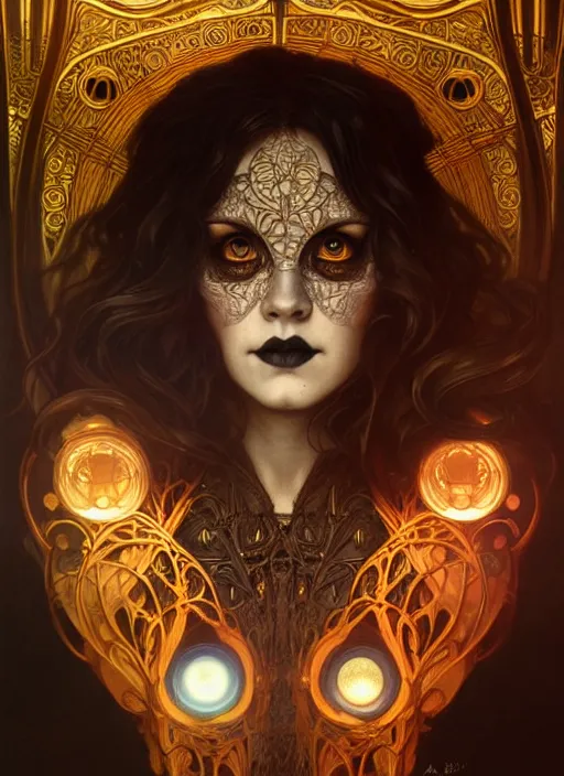 Image similar to portrait of the artis adele glowing eyes, volumetric lights, feast, music notes, art nouveau botanicals, gothic, intricate, highly detailed, digital painting, artstation, concept art, smooth, sharp focus, symmetric face, illustration, steampunk, art by artgerm and greg rutkowski and alphonse mucha