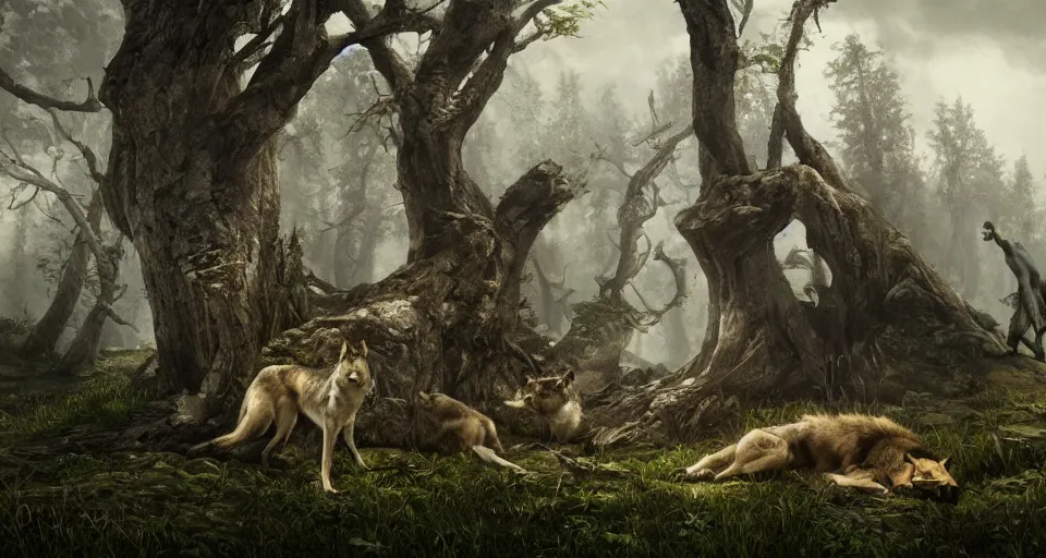 Image similar to wolves and their treasures. fantasy style, ultra realistic, octane render, unreal engine, raytracing, 8 k highly detailed, trending on artstation, illustration, digital painting, highly detailed render by david caspar friedrich and george stubbs