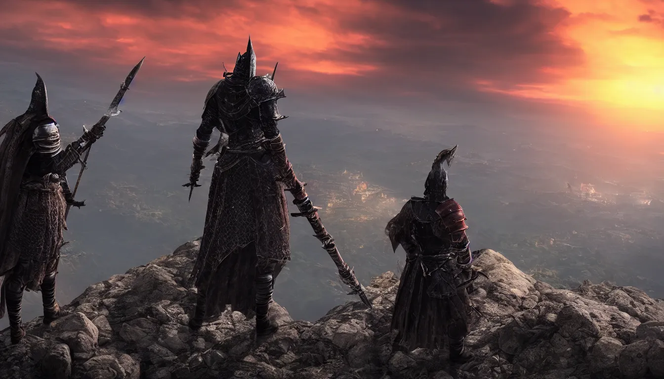 Prompt: dark souls character looking at the horizon on top of a mountain with a sword, close shot from the side, sunset, cinematic, epic, dark scenario, 8k, award winning,