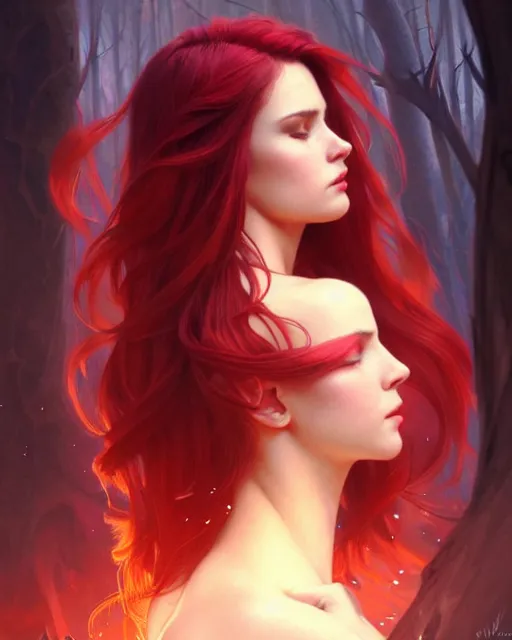 Prompt: a beautiful cinematic sexy female angel, fantasy forest landscape, fantasy magic, undercut hairstyle, short red black fade hair, dark light night, intricate, elegant, sharp focus, illustration, highly detailed, digital painting, concept art, matte, art by WLOP and Artgerm and Greg Rutkowski and Alphonse Mucha, masterpiece