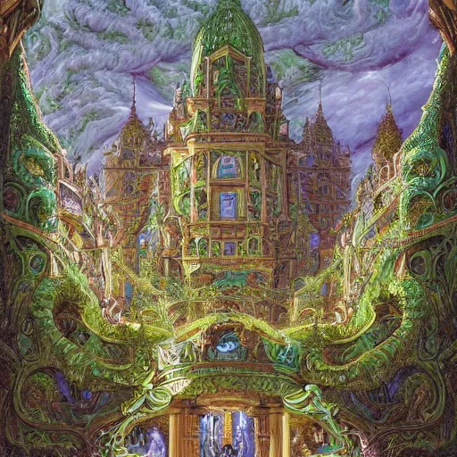 Image similar to a detailed oil painting by michael whelan and donato giancola of an intricate, ornate palace made of green, polished, swirling malachite and jade, hyper detailed, hd, artstation, beautiful sunrise lighting, surrounded by trees