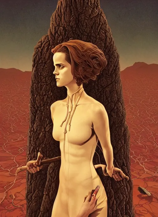 Image similar to poster artwork by Michael Whelan and Tomer Hanuka, Karol Bak of religious Emma Watson nightmare of the crucifixion, from scene from Twin Peaks, clean