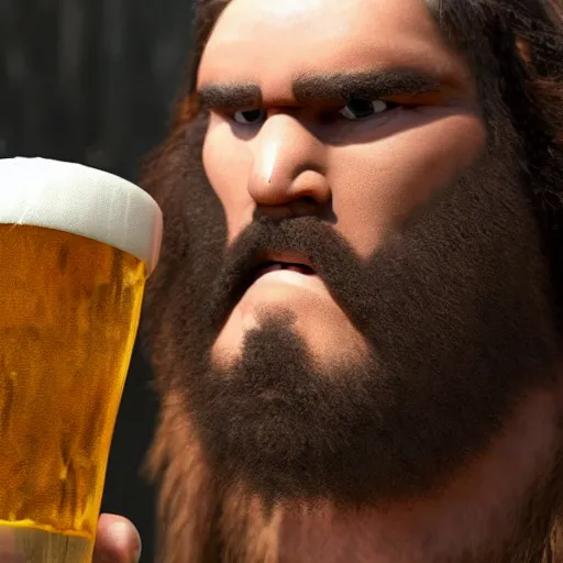 Prompt: photo of ancient caveman drinking a single beer can, high detail, ultra realistic, 4k UHD, pristine