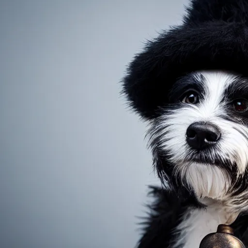 Image similar to closeup photo of a smiling black coton-de-tulear dog with black fur, smoking a pipe and wearing and a fluffy hat, dramatic lighting