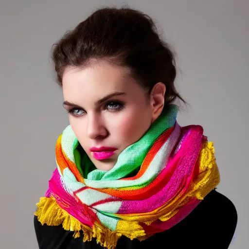 Prompt: a beautiful scarf made out of plastic straws, on a mannequin. studio lighting, high quality, high resolution