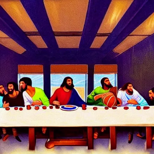 Prompt: the last supper but with the basketballplayers of la lakers instead of jesus and his followers