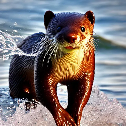 Image similar to a closeup photorealistic photograph of a cute otter - cat hybrid splashing in the surf during sunset. professional capture, well lit shot. this 4 k hd image is trending on artstation, featured on behance, well - rendered, extra crisp, features intricate detail, epic composition and the style of unreal engine.