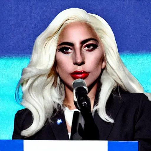 Image similar to Lady Gaga as president, Argentina presidential rally, Argentine flags behind, bokeh, giving a speech, detailed face, Argentina