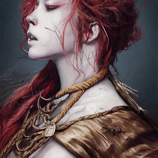 Image similar to portrait of a Shibari rope wrapped face and neck, headshot, insanely nice professional hair style, dramatic hair color, digital painting, of a old 13th century, traveler, amber jewels, baroque, ornate clothing, scifi, realistic, hyperdetailed, chiaroscuro, concept art, art by Franz Hals and Jon Foster and Ayami Kojima and Amano and Karol Bak,