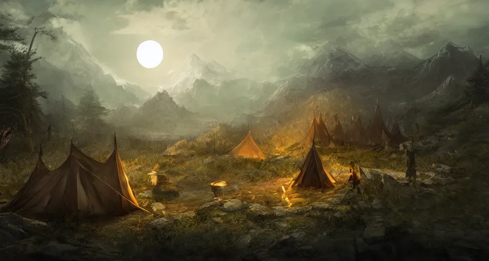 Prompt: an epic fantasy adventurer's camp with a hide tent at night with a full moon, 4 k, extremely detailed. award winning, trending on artstation, 8 k, ultra wide angle